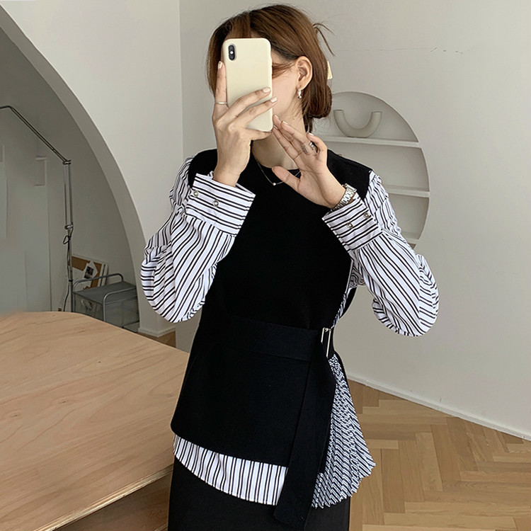 Nomikuma Korea Women 2piece Blouse Sets Striped Long Sleeve Blouses Shirt + Lace Up Slim Waist O-neck Knitted Vest Suits 6C890 210427