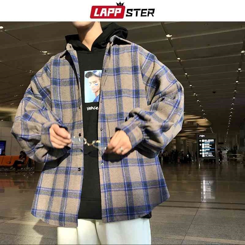 LAPPSTER Men Harajuku Color Block Plaid Shirt Mens Streetwear Thick Shirts Long Sleeve Male Vintage Korean Fashions Clothes 210410