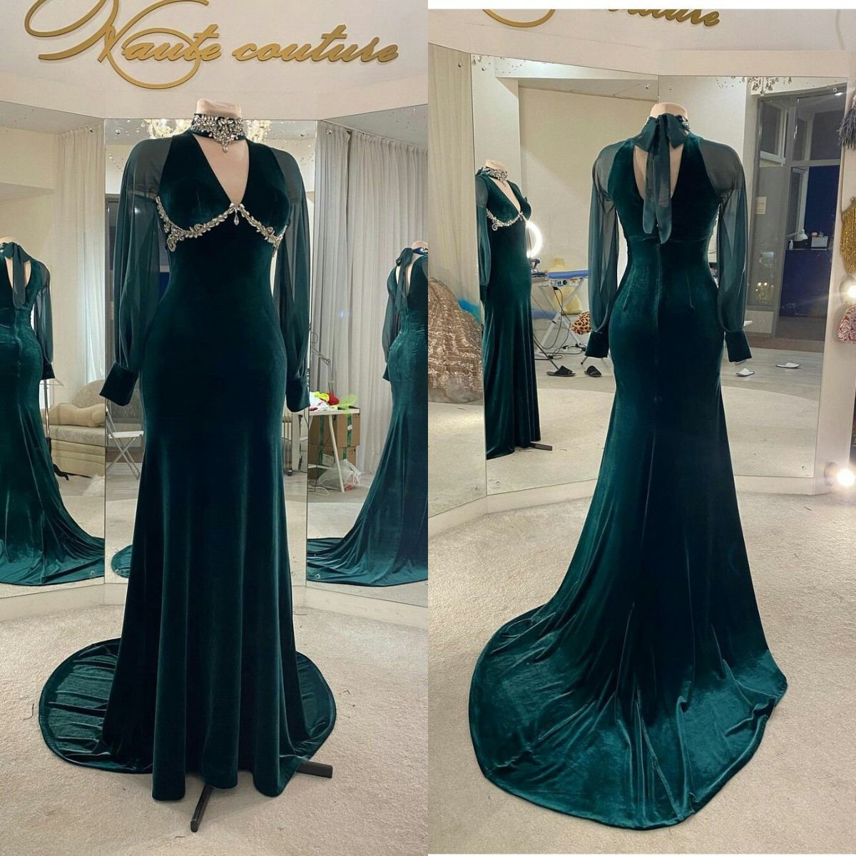 Elegant Evening Dresses Shiny V-Neck Long-Sleeve Mermaid Prom Dress Custom Made Ruched Satin Vestidos De Fiesta