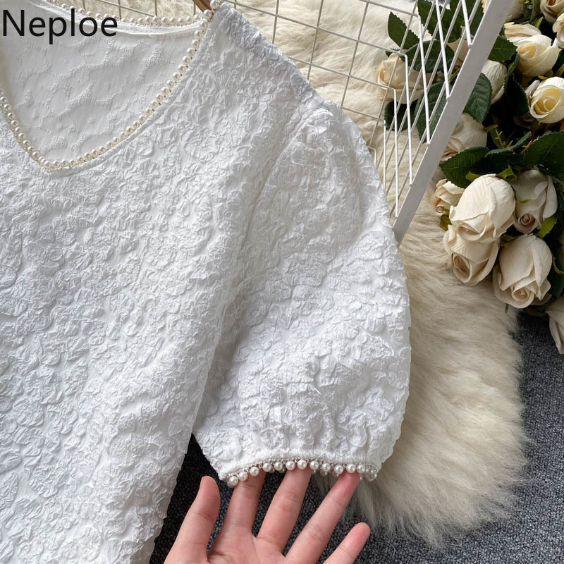 Neploe Women Elegant Korean Dress Heavy Beading V Neck Puff Short Sleeve A-line Mini Dresses Summer High Street White Vestidos 210422