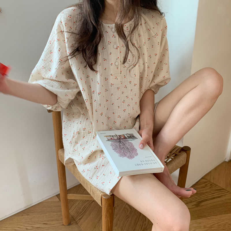 Alien Kitty Comfortable Sleepwear All Match Loose Sweet Homewear Summer Geometric Cherry Printing Chic Women Pajamas Sets 210924