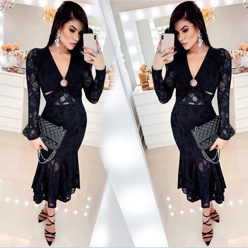 Women Dress V Neck Hollow Out Black Lace es Perspective Sexy Mermaid High Waist Long Summer es 210513