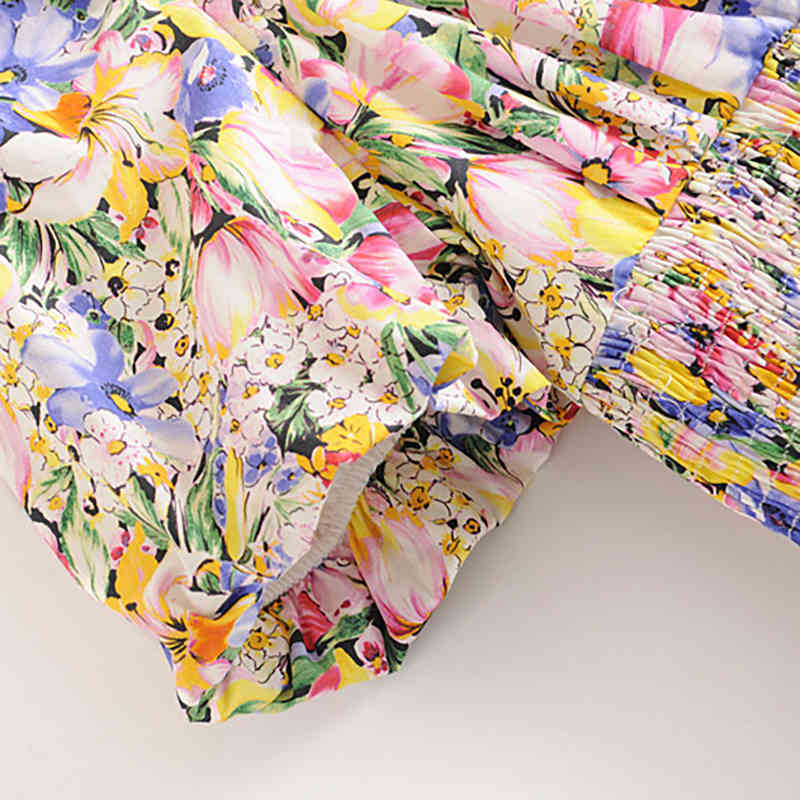 Pearl Floral Print Blouse Puff Short Sleeve Fashion Shirt Women Backless Elastic Waist Stylish Ladies Tops Summer Blusas 210515