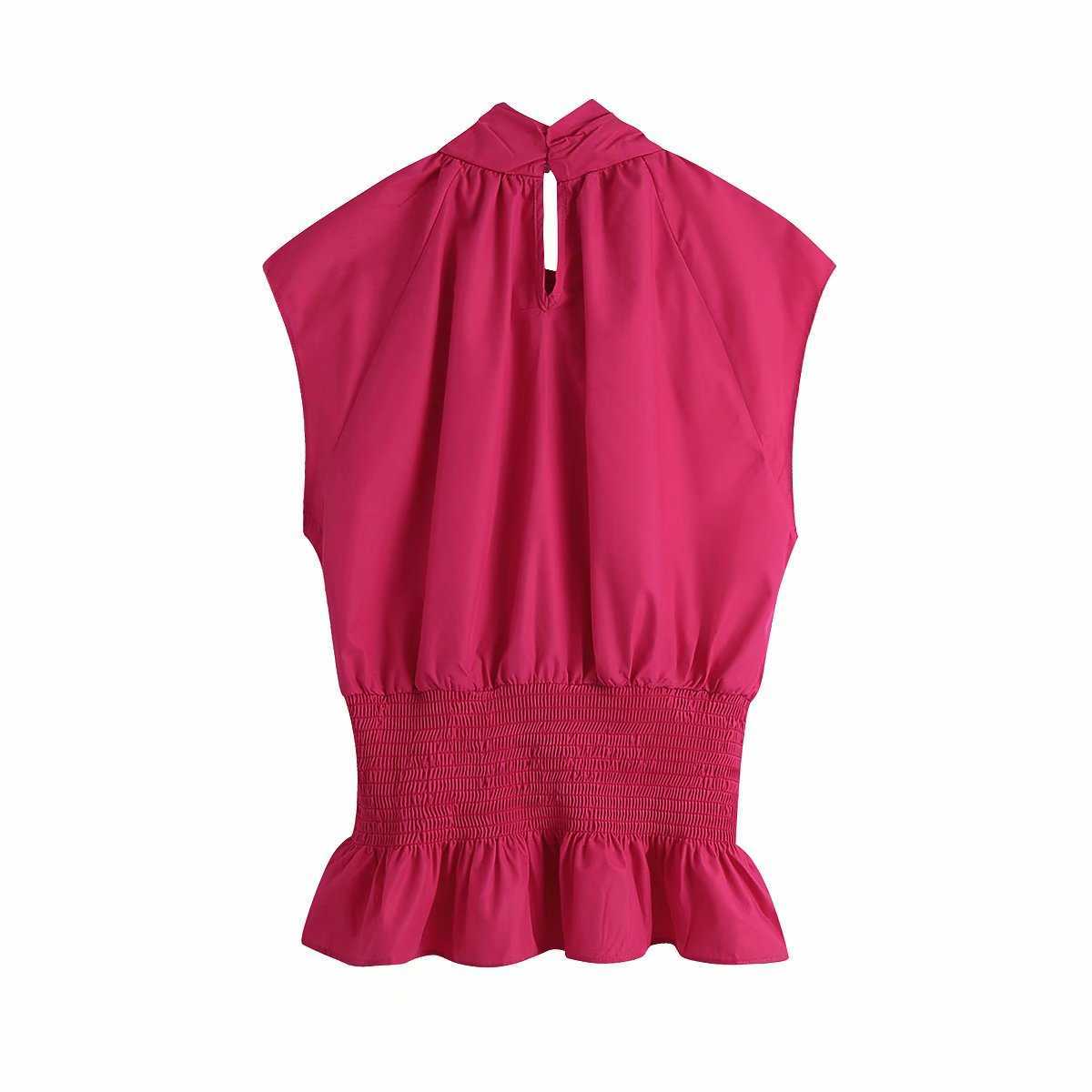 Women Summer Poplin Top with Bow Smocked Elastic Ruffled Hem Casual Fashion Sleeveless Woman Top 210709