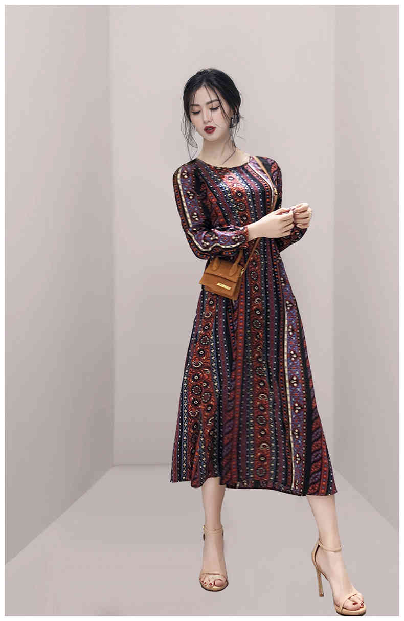 Retro Fashion Ethnic Print Chiffon Long Sleeve Casual Midi Dress + Double breasted Vest Two piece set Women Suit 210518
