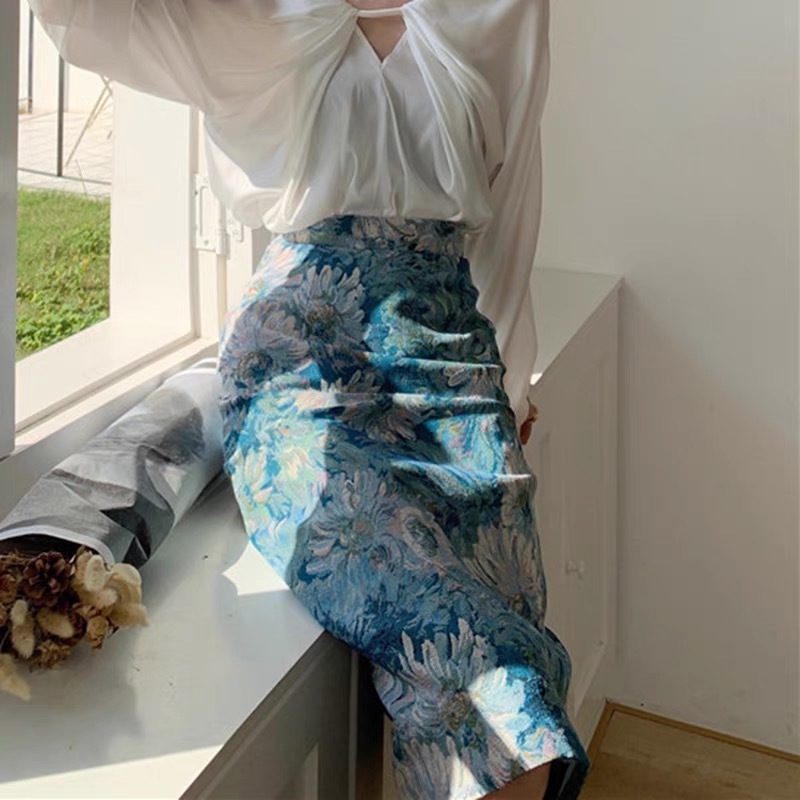 women midi skirt painting retro sunflower printed high waist pencil summer Victorian vintage harajuku faldas largas jupe 210421