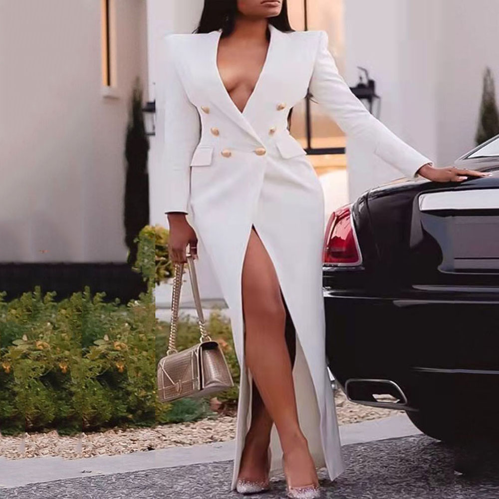 Dress Suits for Women Long Blazer Dress White Long Sleeve Buttons Wrap Maxi Jacket Coat Elegant Fashion Ladies Large Size Party 
Dress Suits for Women Long Blazer Dress White Long Sleeve Buttons Wrap Maxi Jacket Coat Elegant Fashion Ladies Large Size Party