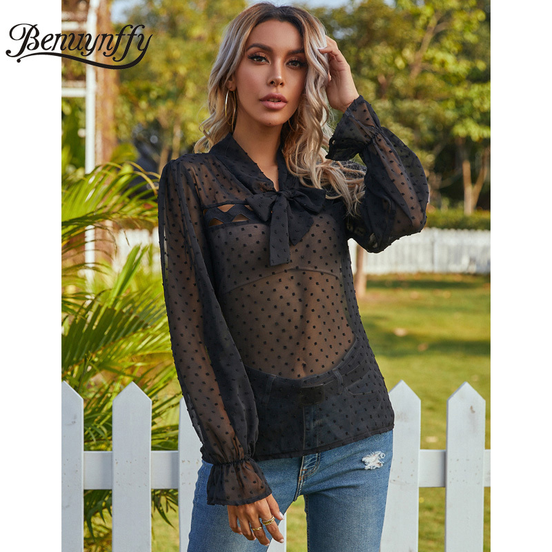Bow Tie Neck Swiss Dot See Through Tops Blouses Women Spring Summer Black Long Sleeve Ladies Elegant Blouse 210510