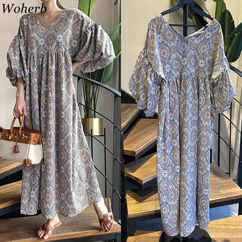 Boho Bohemia Vestidos Summer Dress Women Vintage Print Lantern Sleeve Robe Female Loose Long Dresses Korean Chic 210519