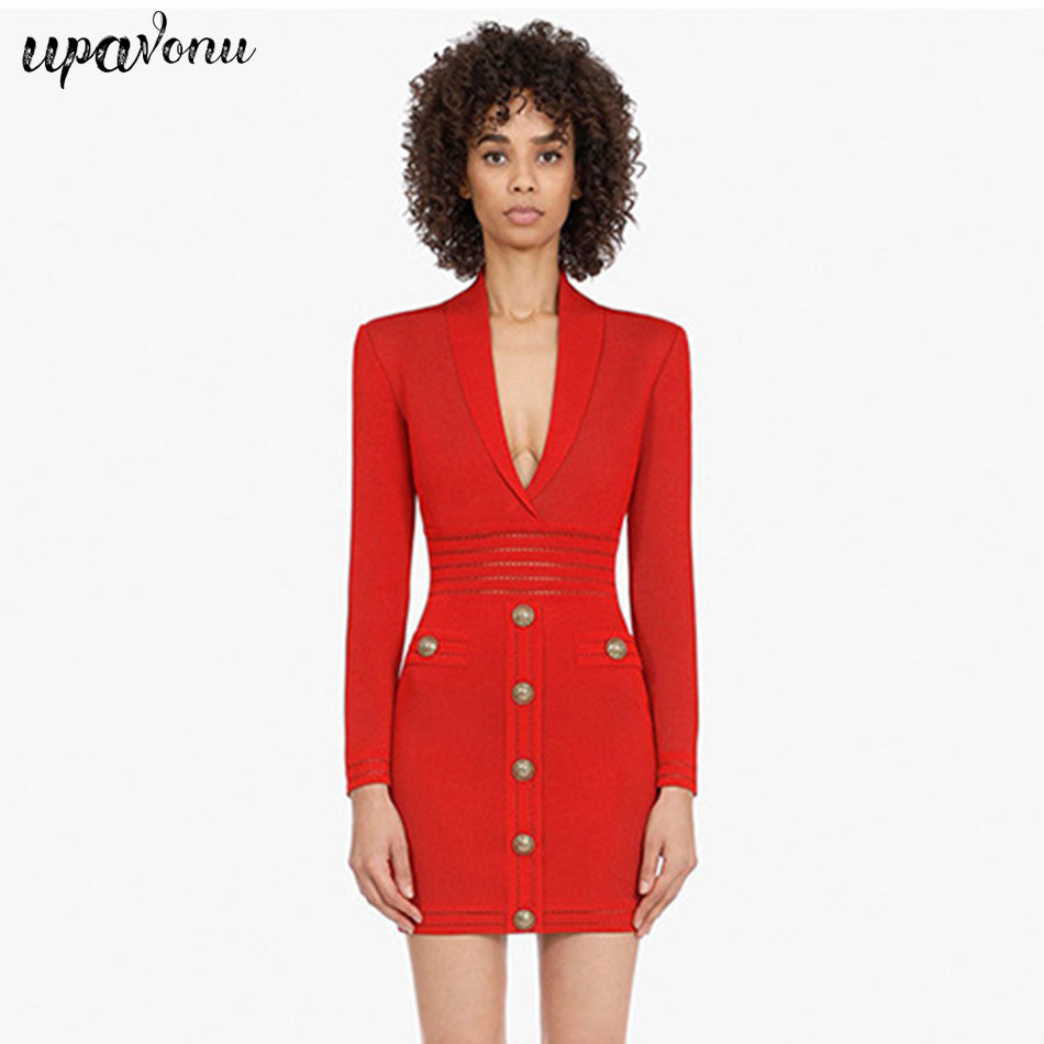 Free Autumn Women Bodycon Dress Red Sexy V-neck Long Sleeve Button Hollow Knit Club Evening Party 210524