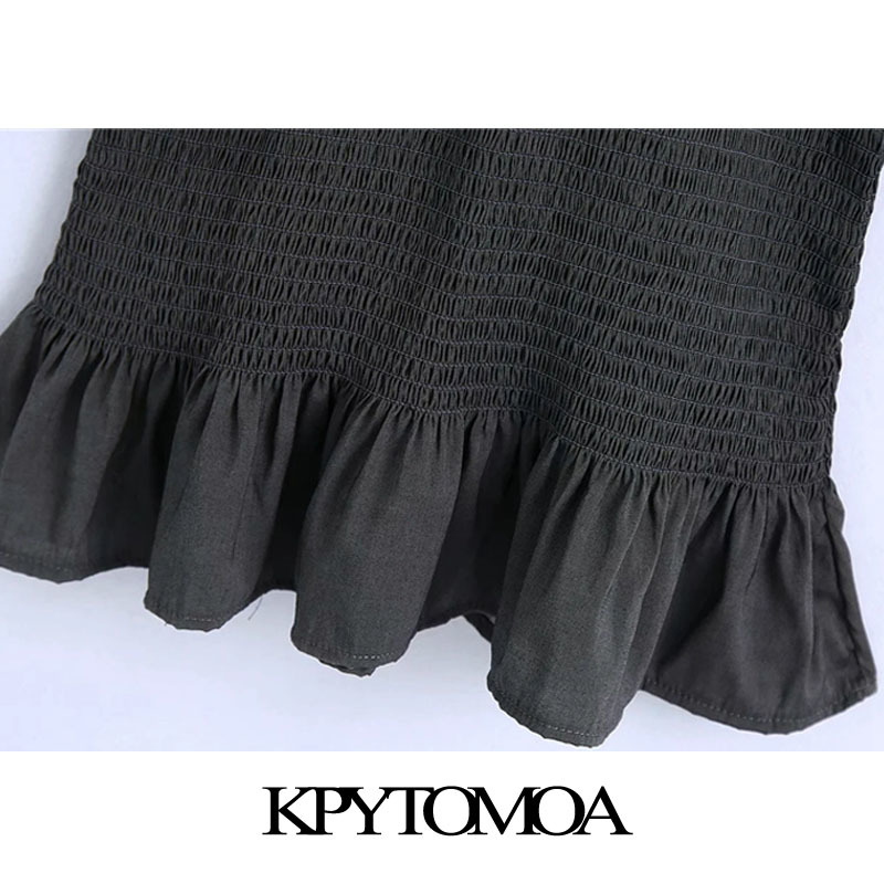 Women Chic Fashion Elastic Smocked Hem Ruffled Mini Dress V Neck Long Sleeve Female Dresses Vestidos Mujer 210420