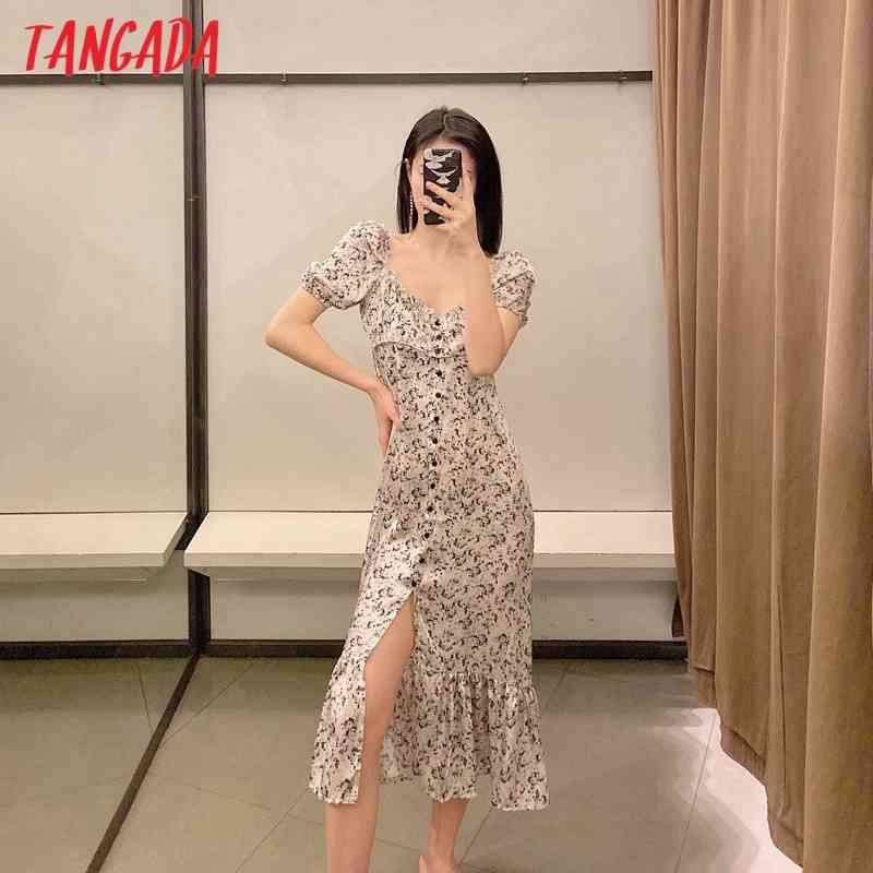Women Chic Fashion Floral Print Pleated Midi Dress Vintage Lantern Sleeve Female Dresses Vestidos 2W96 210416