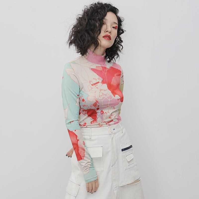 TWOTYLE Causal Print Hit Color Women's Tshirt Turtleneck Long Sleeve Slim Shirts For Female Fashion Clothing 210406