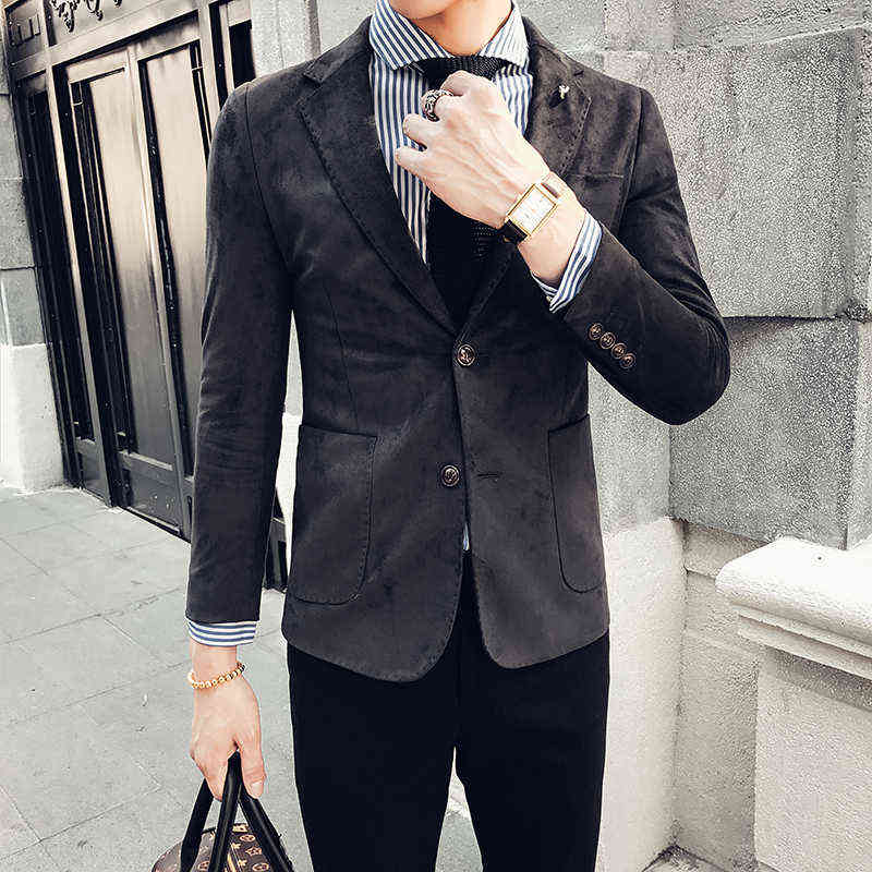 Deerskin Leather Jacket Blazer Masculino Casual Suit Jacket Korea Slim Fit Coat Men Nightclub Stage Singer Veste Costume Homme 211120