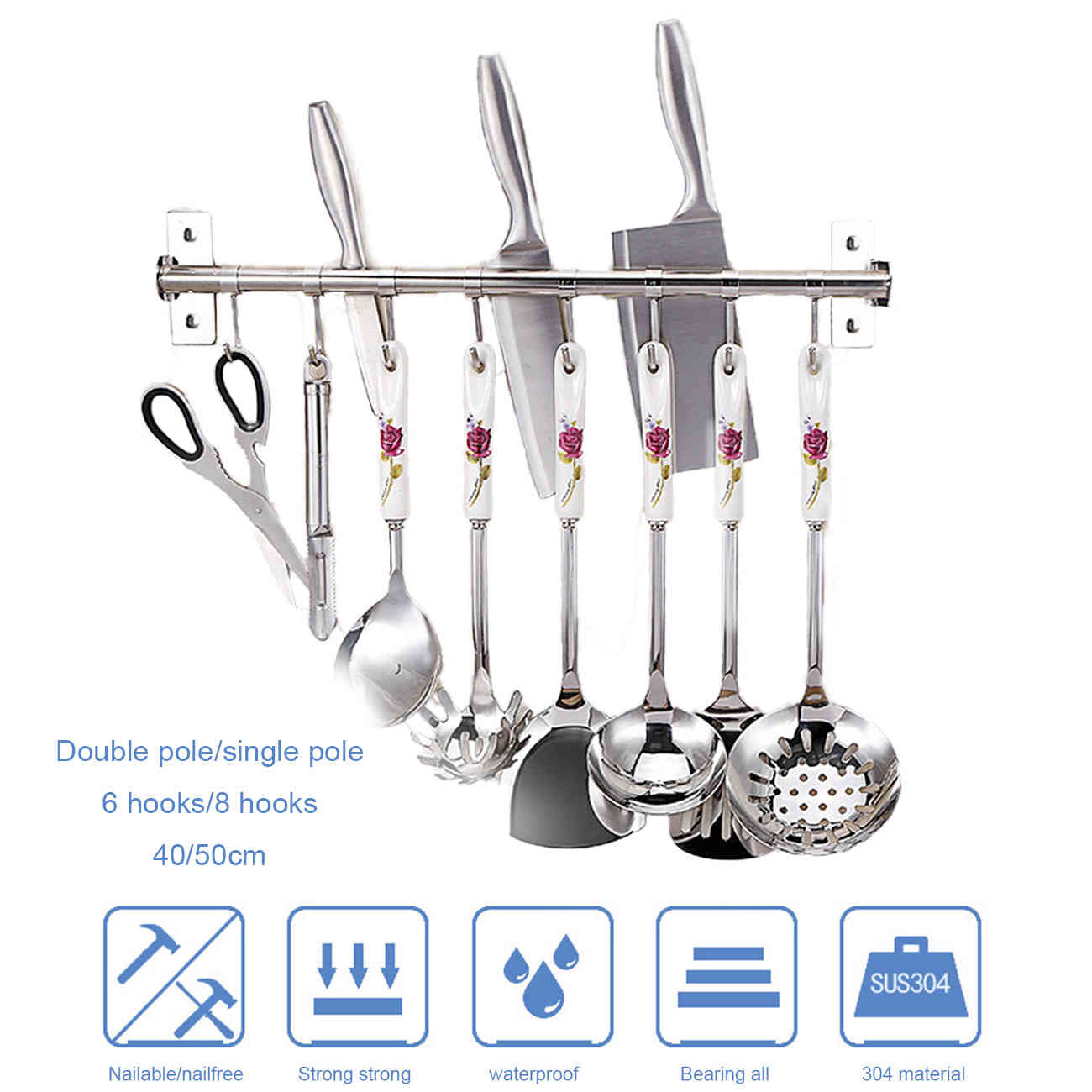 Stainless Steel Kitchen Storage Rack Wall Mounted Pan Pot Racks Kitchen Utensils Hanger Organizer Rail Rack Home Storage Hooks