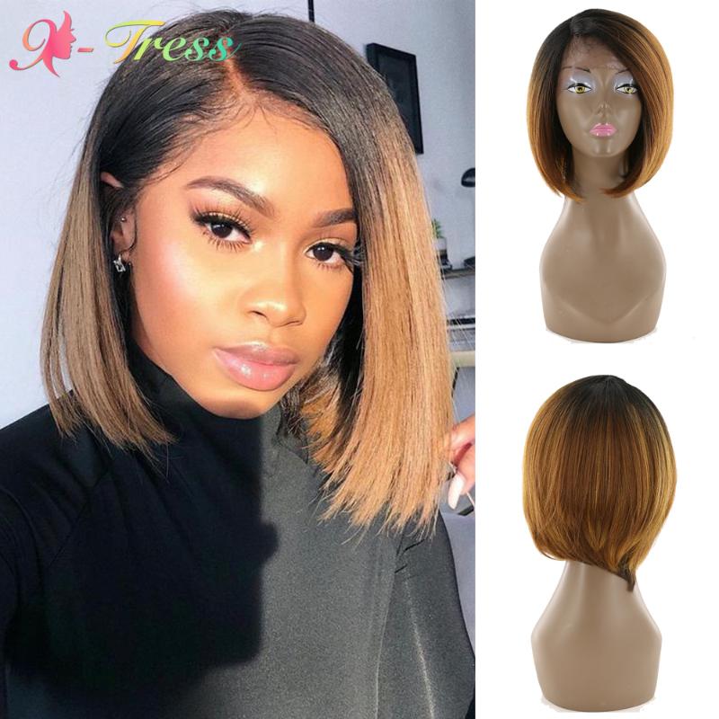 Synthetic Wigs Short Bob Ombre Brown Blonde Lace Front Wig For Black Women X-TRESS Side Part With Baby Hair