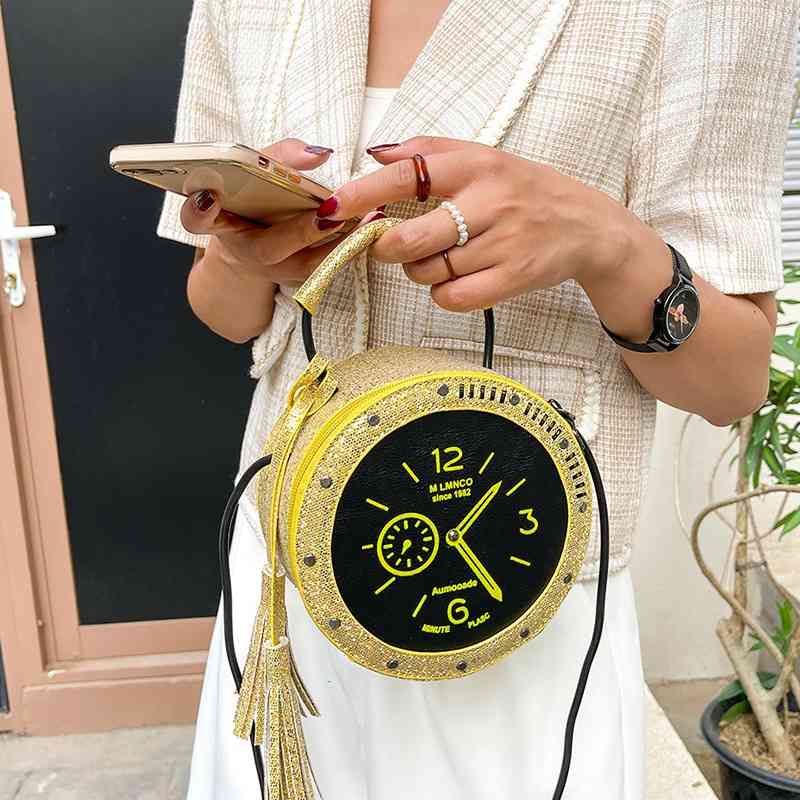 Personality funny 2021 Korean fashion tassel watch and clock model portable messenger one shoulder small round bag, Yellow
Personality funny 2021 Korean fashion tassel watch and clock model portable messenger one shoulder small round bag, Yellow