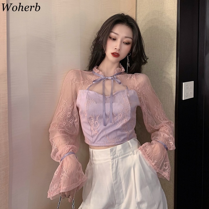 Women Shirt See Through Gauze Patchwork Lace Tops Bowkout Lace-up Stand Neck Hollow Out Flare Long Sleeve Crop Top Blouse 210519