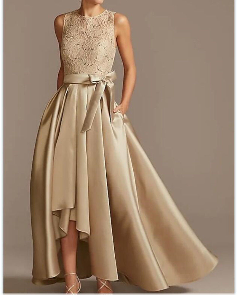 Champagne Sleevelees Mother's Dress Asymmetrical Party Dresses for Weddings Jewel Satin Lace Mother of the Groom Dresses