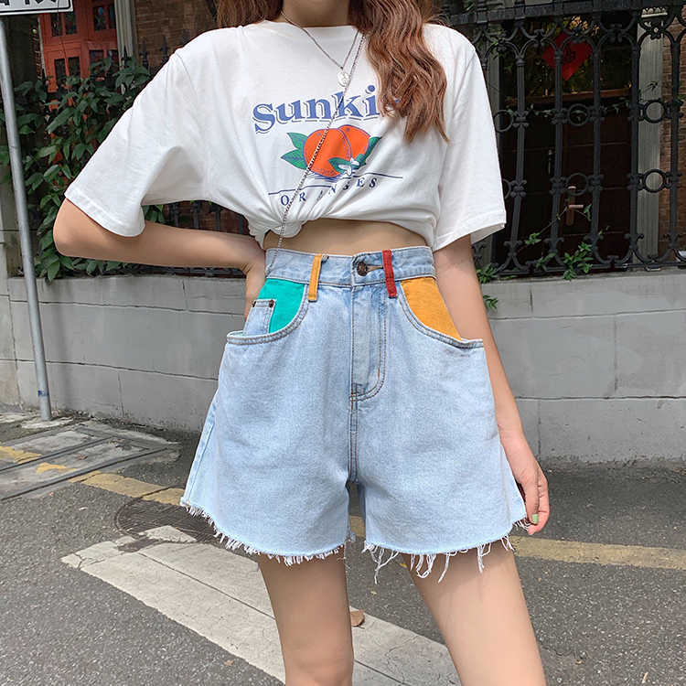 SML preppy style high Waist Denim Shorts jeans for Women Summer Ladies color patchwork pocket womens (F6379) 210724