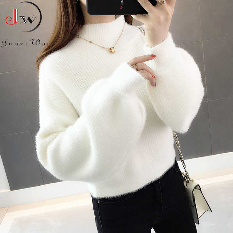 Thick Mohair Women Sweaters Turtleneck Soft Lantern Sleeve Short Pullovers Fashion Autumn Winter Sweater Solid Jumpers 211007