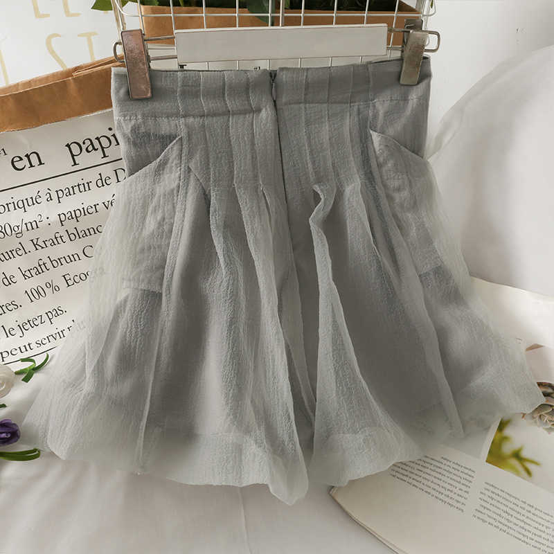 Korean Mesh Patchwork Woman Shorts Summer Bottoms Causal High Waisted Wide Leg Short Feminimos 6H936 210603