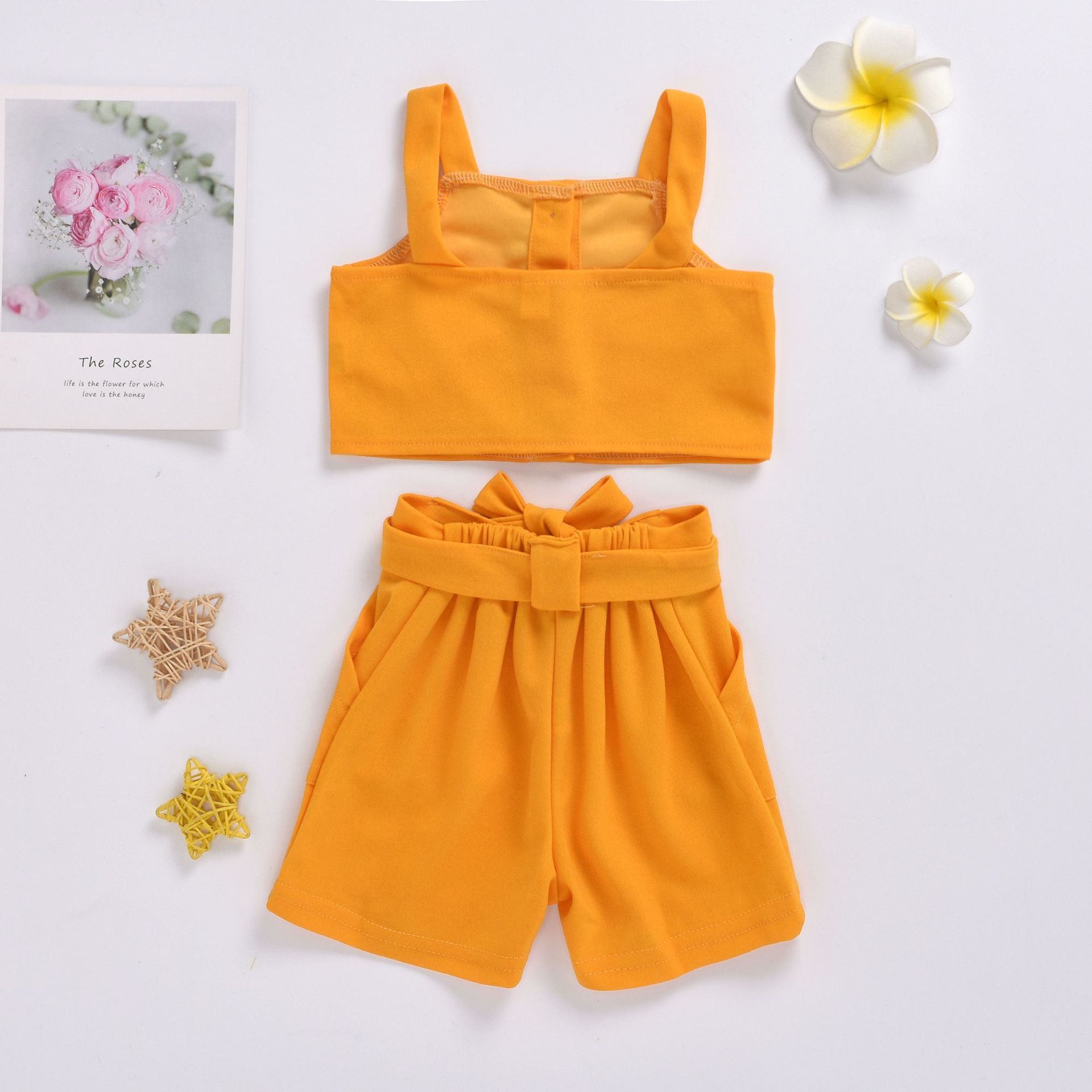 1-5 Years Old Summer Girl Suit Solid Color Button Camisole + Bow Shorts Two-piece Sweet Casual Clothes 210515