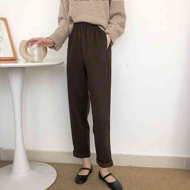All Match Casual High Waist Pants Solid Chic Straight Velvet Elegant Minimalist Thicken Women Trousers 210421