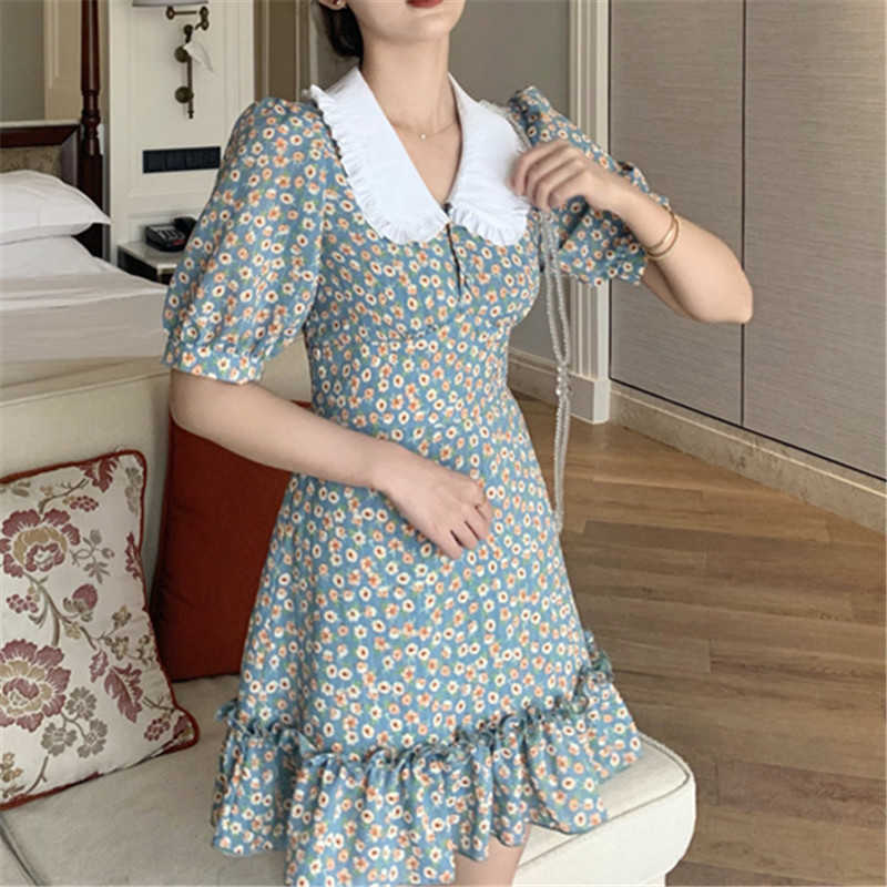 Women Chiffon Dress Summer Fashion Female Puff Sleeve Vintage Floral Print Peter Pan Collar Boho Casual Vestidos 210623