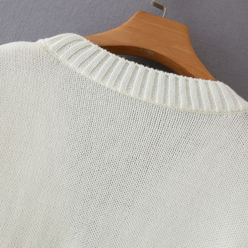 V-neck Single-breasted Cutout Long Sleeve Vintage Flower Embroidery Knitting Chic Women's Sweater Beige Simple Female Sweater 210507