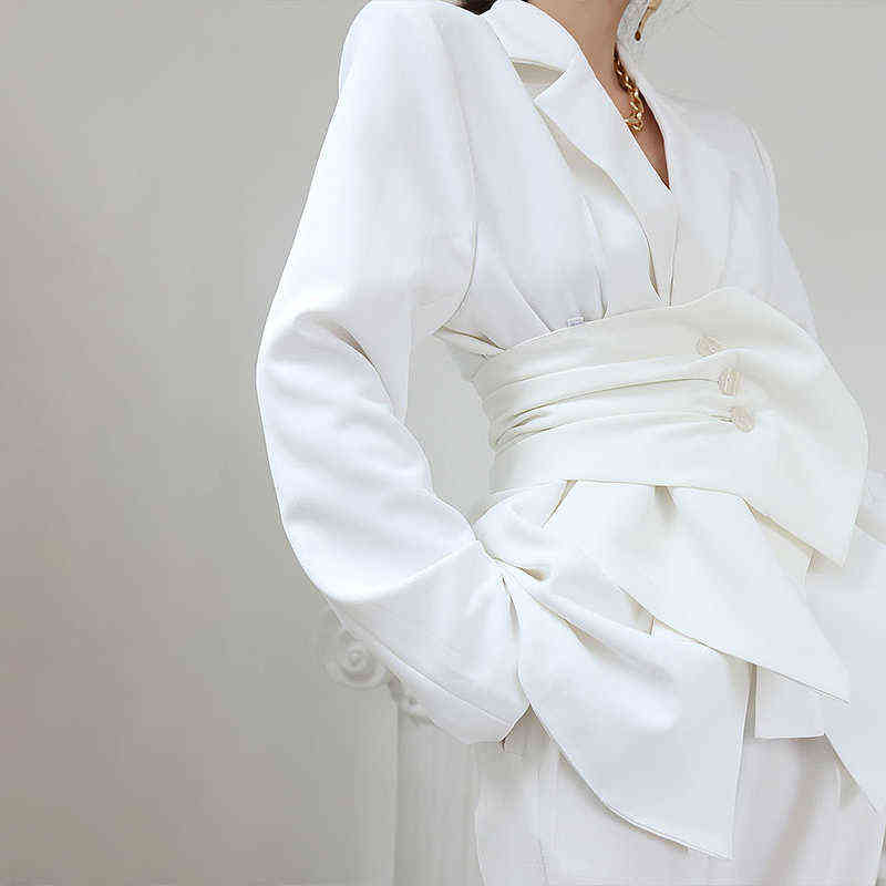 TWOTWINSTYLE White Minimalist Blazer For Women Notched Long Sleeve Sashes Elegant Blazers Female Fashion Clothing 211120