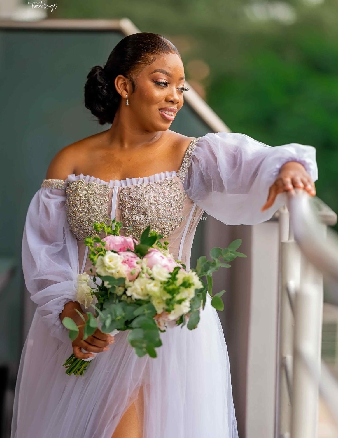 Plus Size African Wedding Dresses Off Shoulder Long Sleeve Beaded Crystal Aso Ebi Arabic Side Split Bridal Gown Vestido De Novia