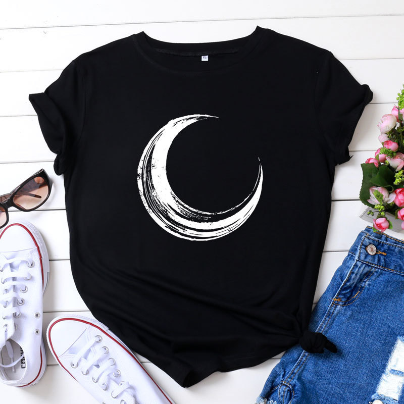 JCGO Summer T Shirt Women 100% Cotton Moon Planet Space Print Plus Size S-5XL O-Neck Short Sleeve Fashion Casual Tee Tops 210406