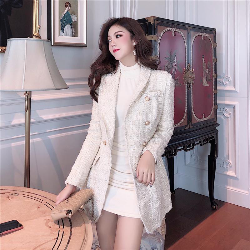 Runway Designer Blazer Women's Double Breasted Metal Button Long Sleeve Notched Collar Jacket Wool Blends Tweed Coat Suits & Blazers