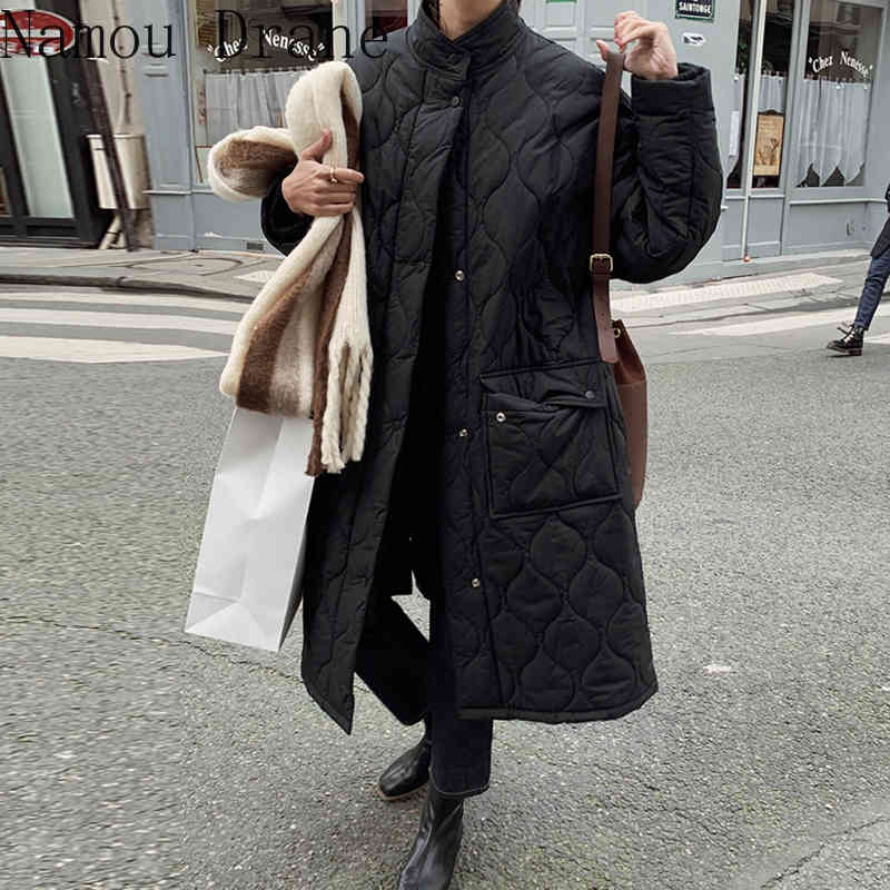 South Korea's chic autumn/winter retro li-collar diamond-print loose medium-length oversize thick cotton coat woman. 210429