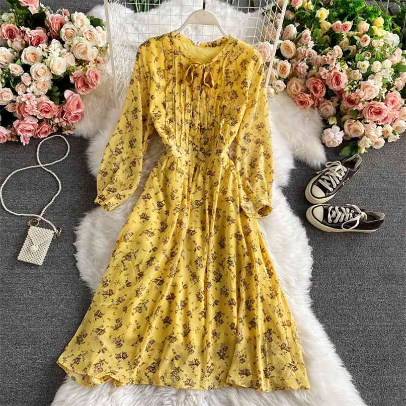 Spring and Autumn Fashion Bow Tie Chiffon Floral Print Dress Women High Waist Thin Long Sleeve Elegant Vestidos Q394 210527