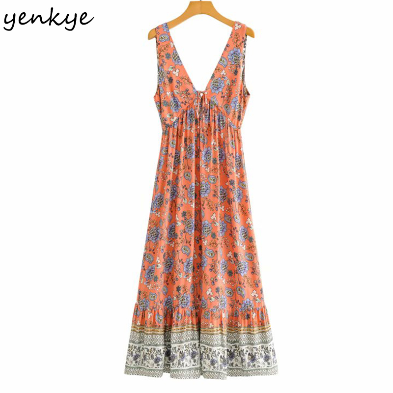 Holiday Summer Tank Dress Women Sexy V Neck Sleeveless Floral Print Vestido Mujer A-line Casual Long Maxi 210430