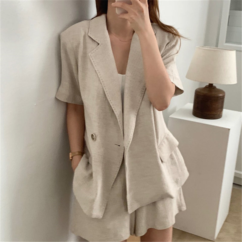 Chic Stylish Summer Femme Solid Loose Blazers+ Streetwear Casual Thin All Match Wide Leg Shorts Suits 2 Piece Sets 210421