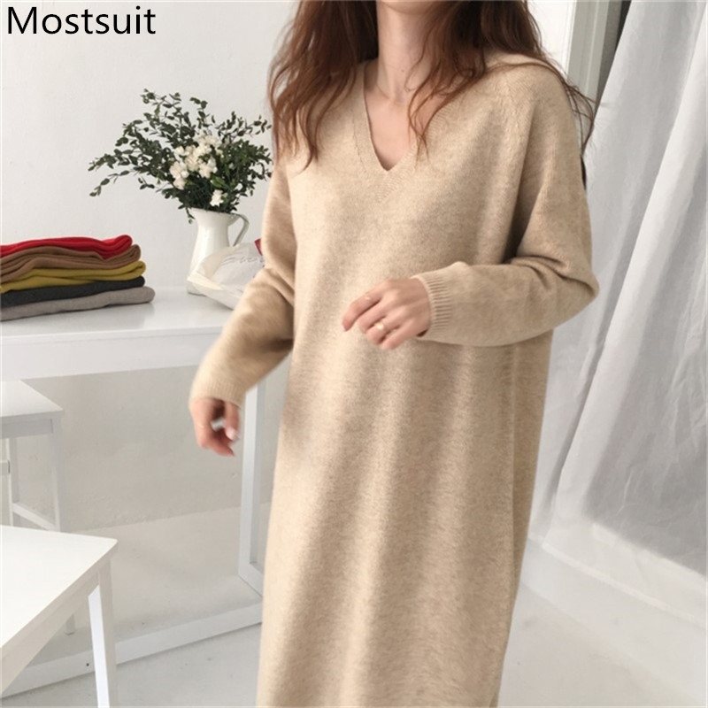 Korean Loose Straight V-neck Knitted Long Maxi Dress Women Sleeve Solid Simple Chic Sweater Dresses Vestidos Winter 210518, Oatmeal
Korean Loose Straight V-neck Knitted Long Maxi Dress Women Sleeve Solid Simple Chic Sweater Dresses Vestidos Winter 210518, Oatmeal