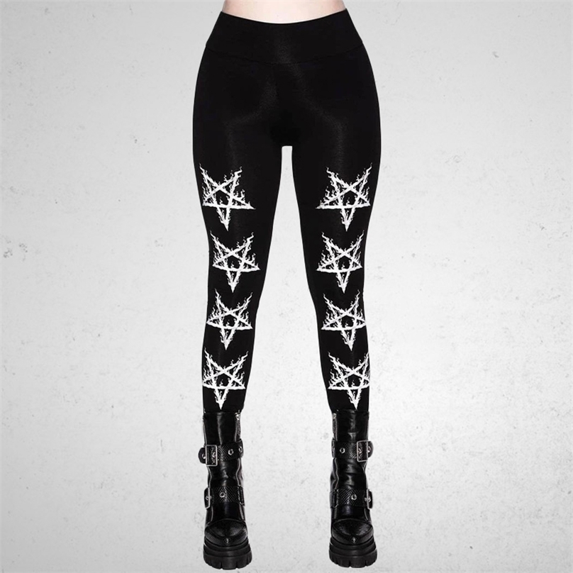 Women Leggings Fashion Gothic Bodycon Pants Summer Black Streetwear High Waist Five-pointed Star Print Woman 211215
