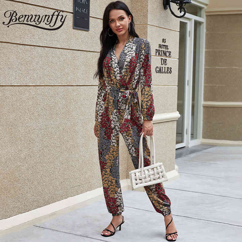 Elegant Chiffon Print Surplice Neck Belted Jumpsuits Women V Long Sleeve High Waist Jumpsuit Party Overalls 210510