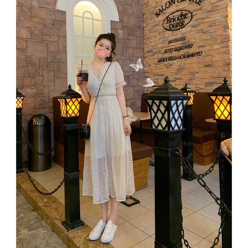 Summer French Elegant Midi Dress Women V-neck Short Sleeve Evening Party Dress Female Fairy Beach Dress Korean 210521