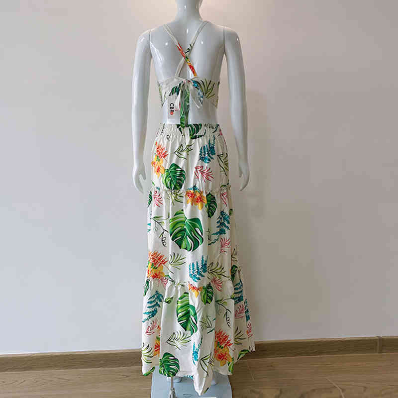 Summer Colorful Printed Skirt Set Suspender Top & Long Skirt Beach Holiday Style V-Neck Lace Up Women 2 Peice Set Dress Set 210521