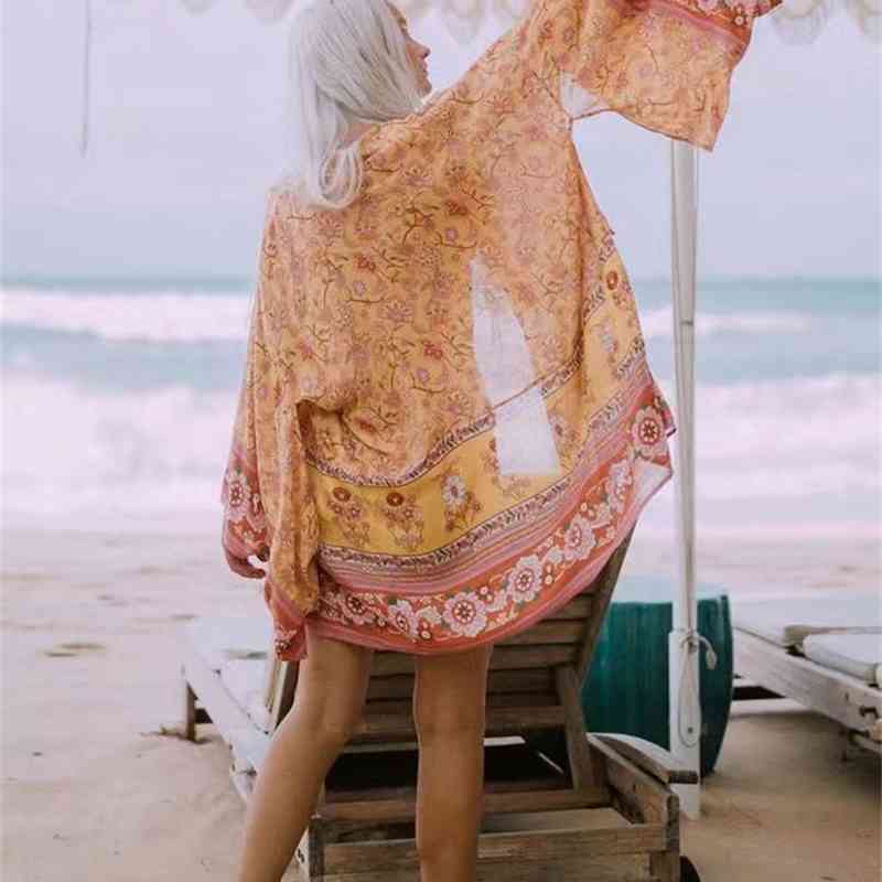 Women Bohemian Yellow V neck Flower Print Kimono Shirt Holiday Beach Tide Bow Sashes Mid Long Cardigan Blouse BOHO Tops 210429