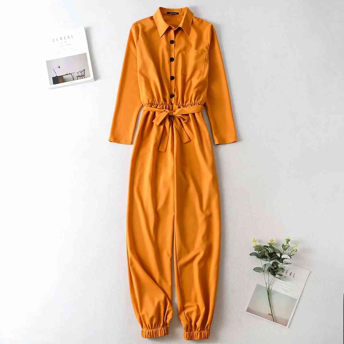 Foridol button up casual long pants jumpsuits women long sleeve autumn winter overalls casual streetstyle yellow jumpsuits 210415