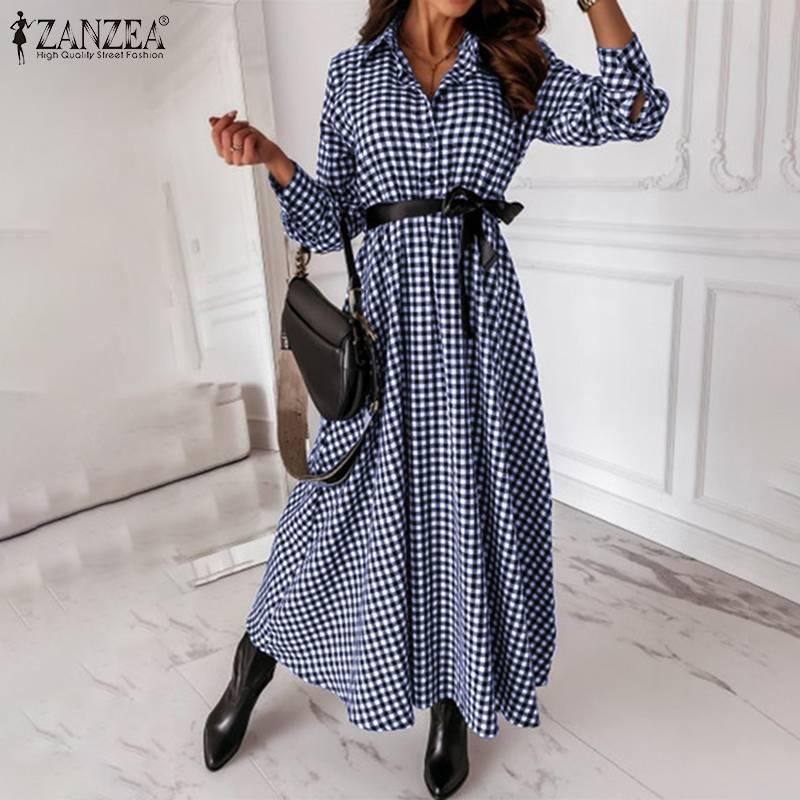 Plaid Print Lapel Robe Holiday Female Belted Dresses Spring Autumn Office Lady Vestido Womens Vintage Maxi Dress Oversize Casual