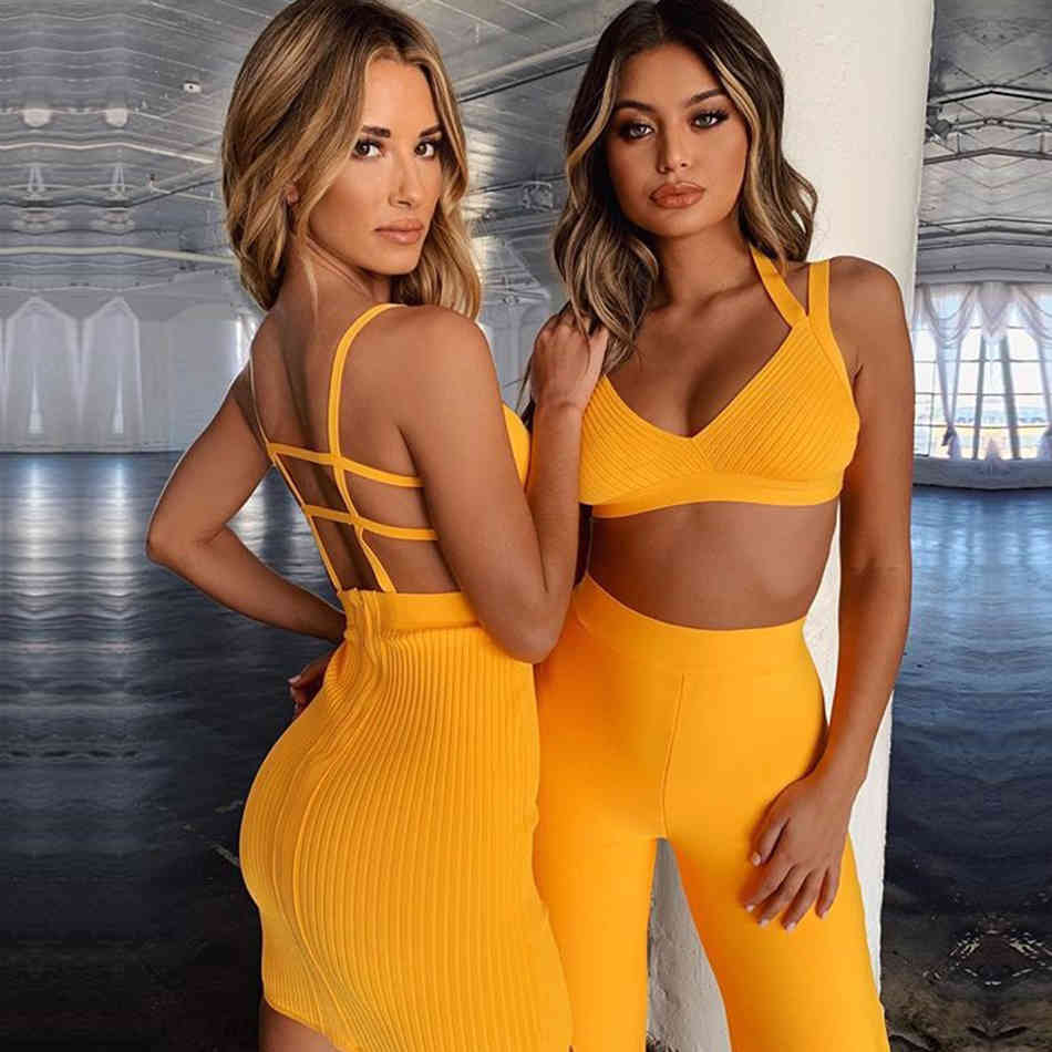 Summer Women Bandage Sets Vestidos Tops&Pant 2 Two Pieces Set Sleeveless V Neck Celebrity Evening Club Party 210423