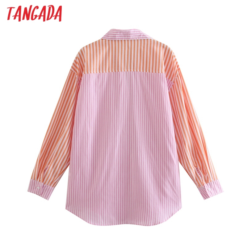 Women Vintage Striped Print Oversized Long Sleeve Chic Female Casual Loose Shirt QJ133 210416
