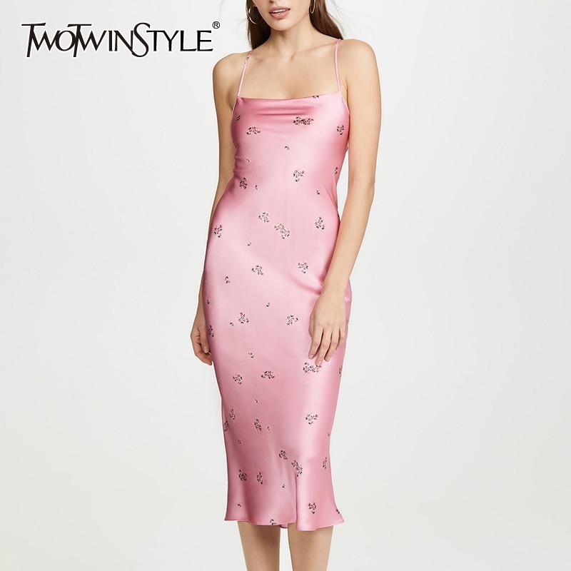 TWOTWINSTYLE Sexy Sleeveless Print Women Dress Off Shoulder Backless Bandage Slim Midi Dresses Female Fashion Summer 210331