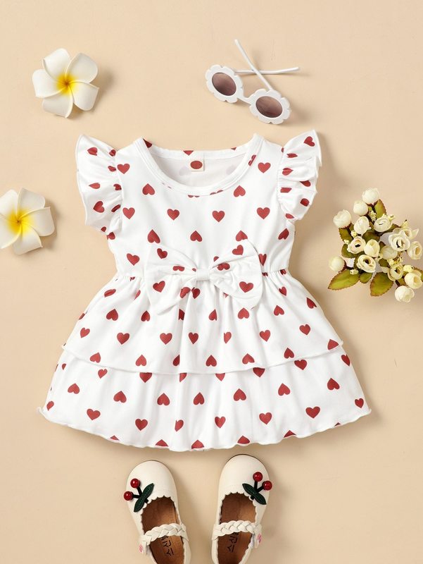 Baby Heart Print Ruffle Sleeve Bow Front Layered Hem Dress SHE
